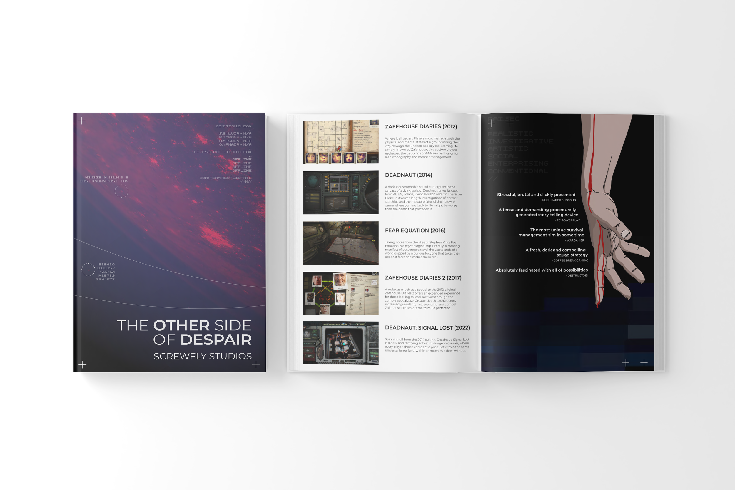 A short brochure project based on the works of Screwfly Studios, telling their history and game development history. The project asked for a wrap-around cover and some sort of hand-drawn element. 