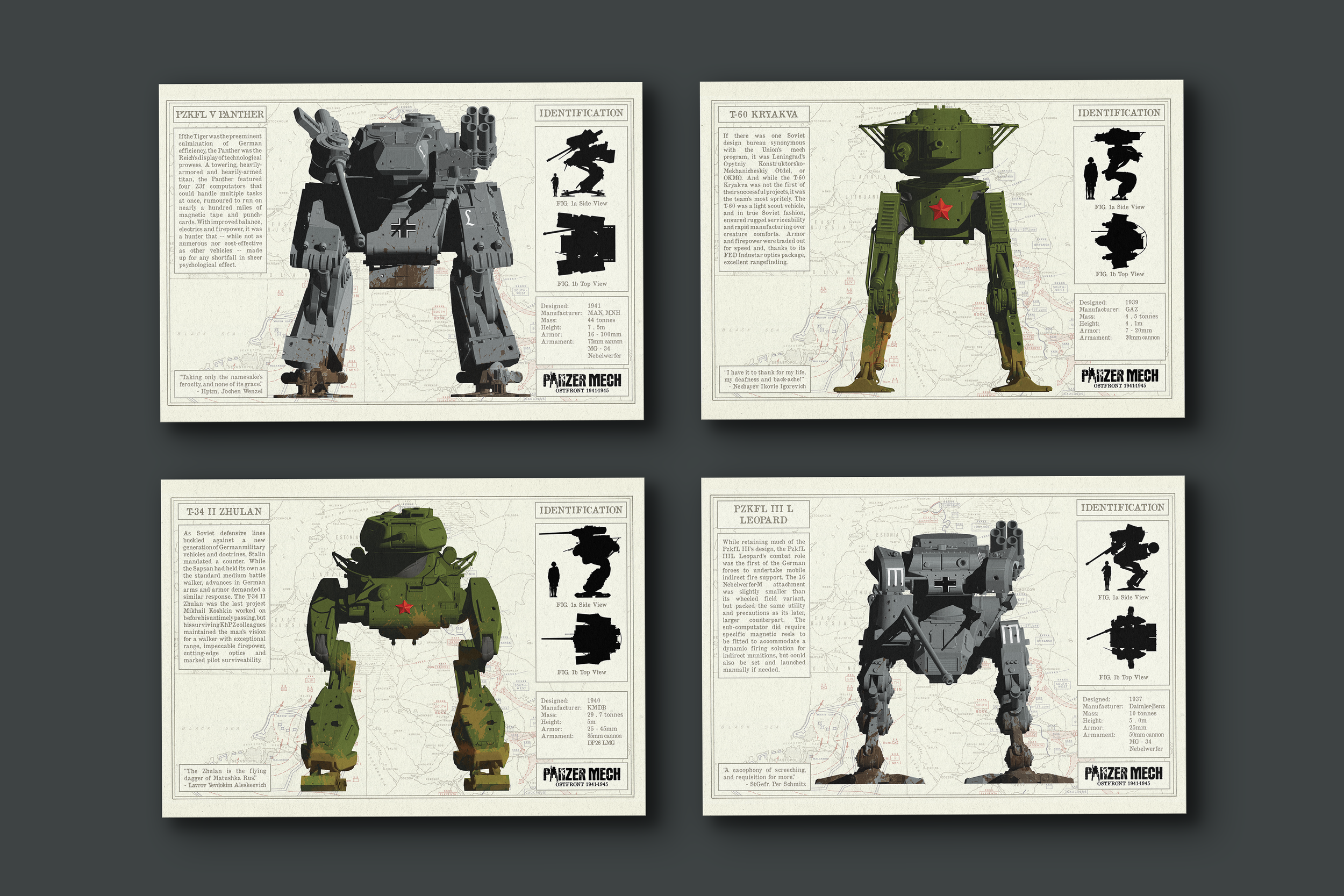 A selection of promo prints for an upcoming wargame. They feature painted units, identification and scale silhouettes, along with lore and statistics. 