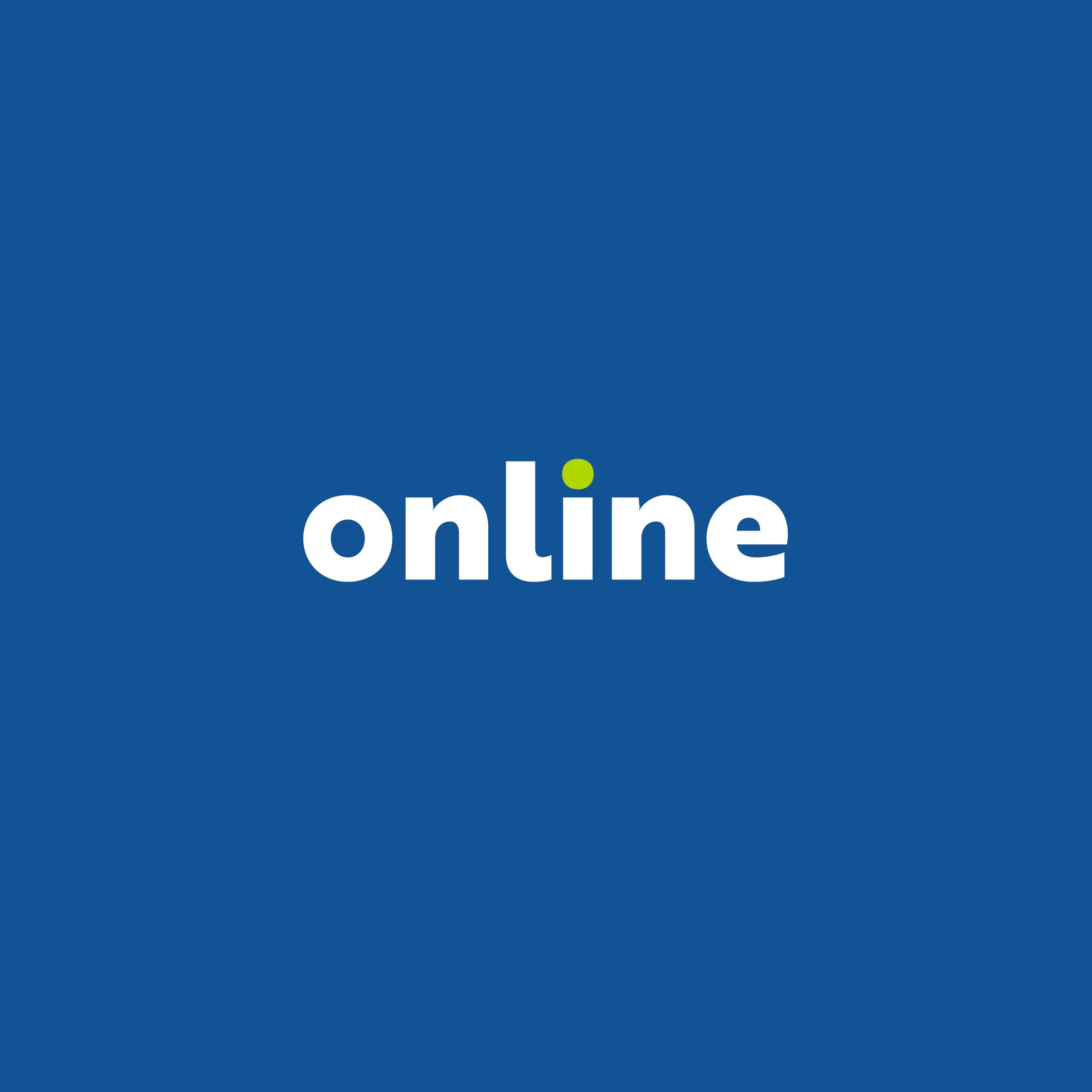 Blue background with the word 'online' in white, lowercase letters, with the dot above the 'i' in green.