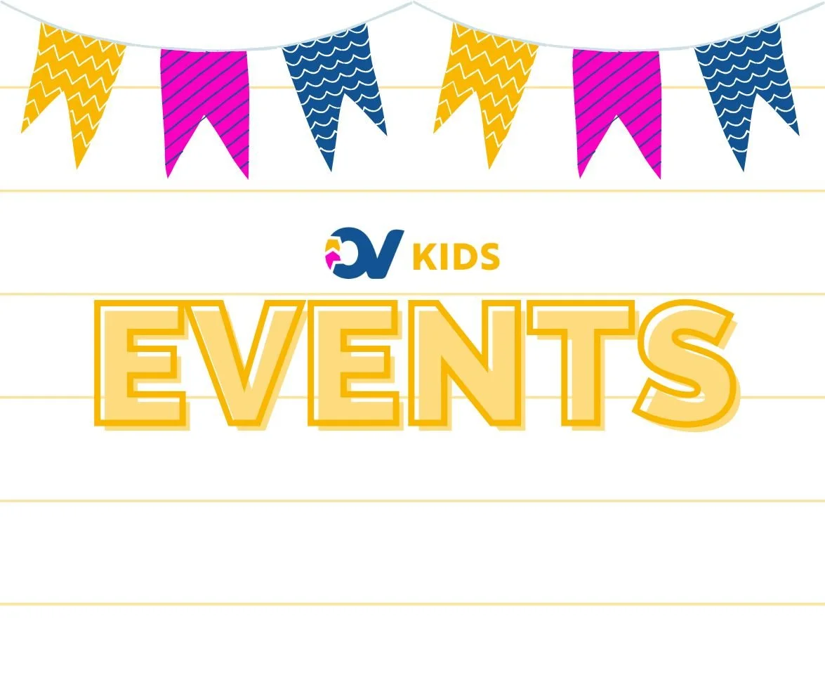 Decorative banner with triangular flags in yellow, pink, and blue, with the text 'CV Kids Events' in bold yellow and white letters, indicating a children's event promotion.