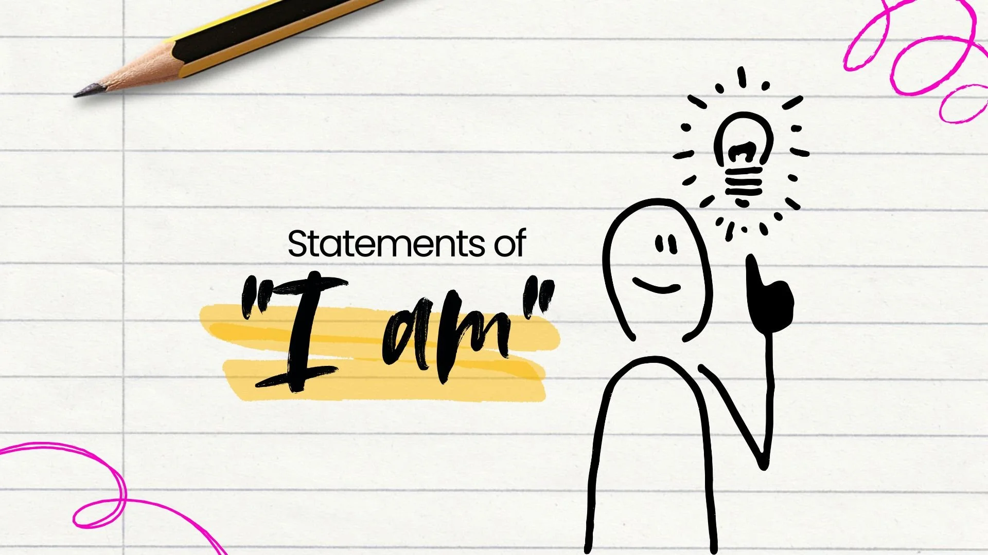 A lined notebook paper background with a yellow highlight, black text saying 'Statements of "I am"', a simple black line drawing of a person smiling with a finger pointing upward, and a pink doodle in the top right corner.