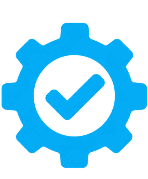 Blue gear icon with a checkmark inside.