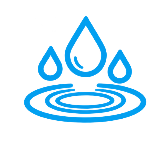 A glowing digital icon of three water droplets above a circular ripple, all in blue tones.