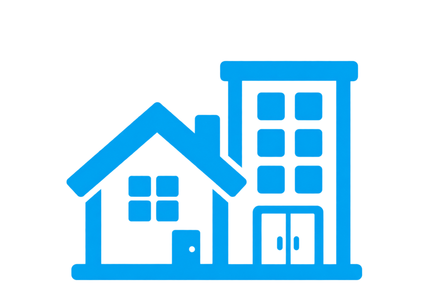 Line art of two blue buildings, one small and one tall, with a black background.