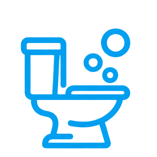 Blue outline of a toilet with bubbles rising from it, and a loading bar above.
