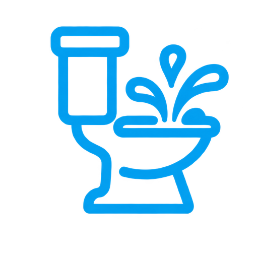 A blue outline illustration of a toilet with water splashing out.