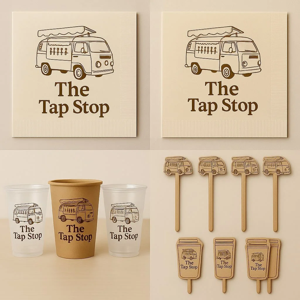 A little sneak peek at the goods.
Custom cups. Branded napkins. Merch in the making.
The Tap Stop is more than a bar, it&rsquo;s a whole vibe. 
Nail by nail, sip by sip, the vision is feeling more real and coming to life. 
Y&rsquo;all get ready 🛠️🧡