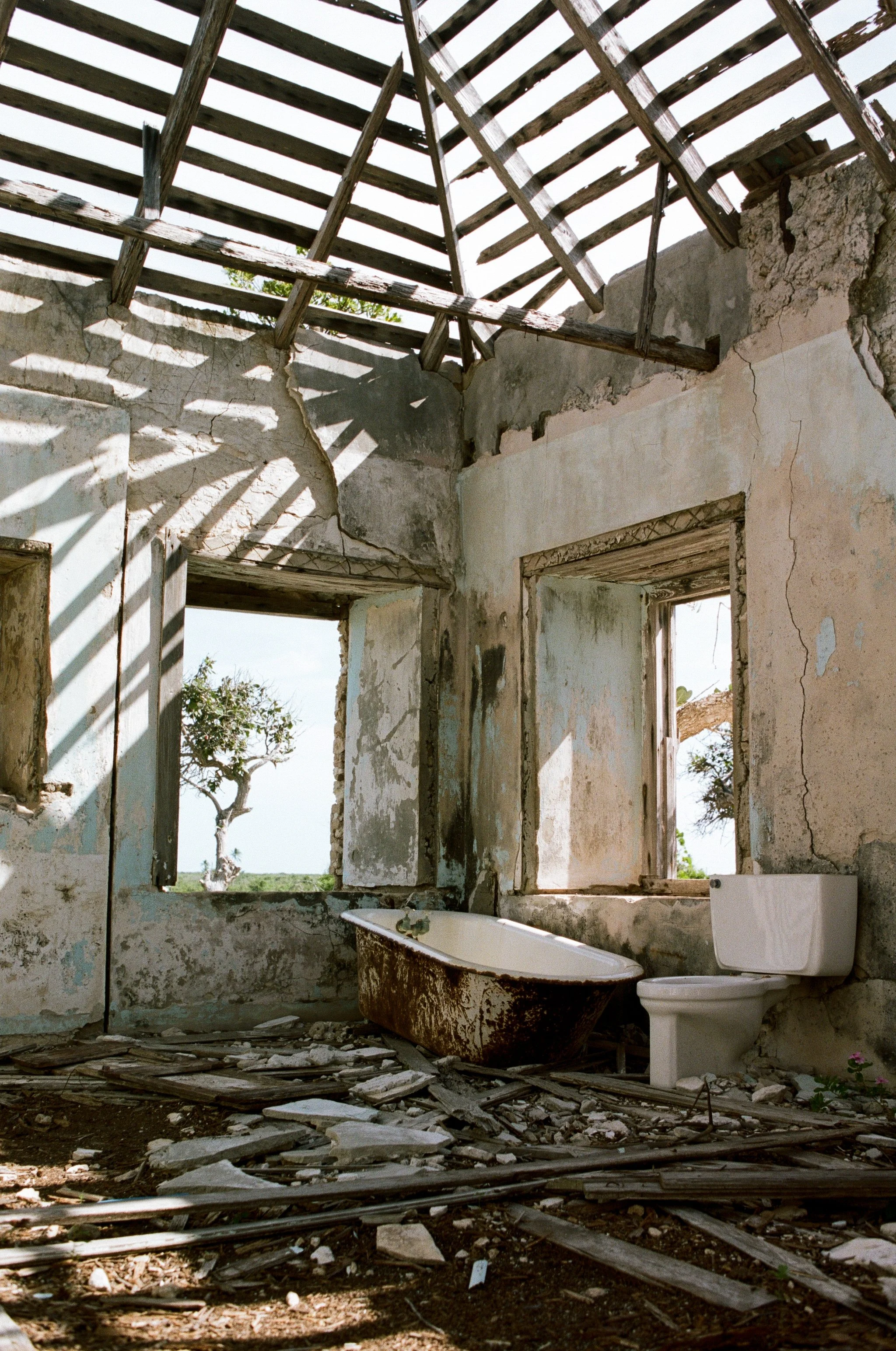 A dilapidated bathroom with a rusty clawfoot bathtub, a white toilet, and peeling paint on the walls. The roof is partially collapsed, allowing sunlight to cast shadows inside. Windows reveal a tree and open landscape outside.