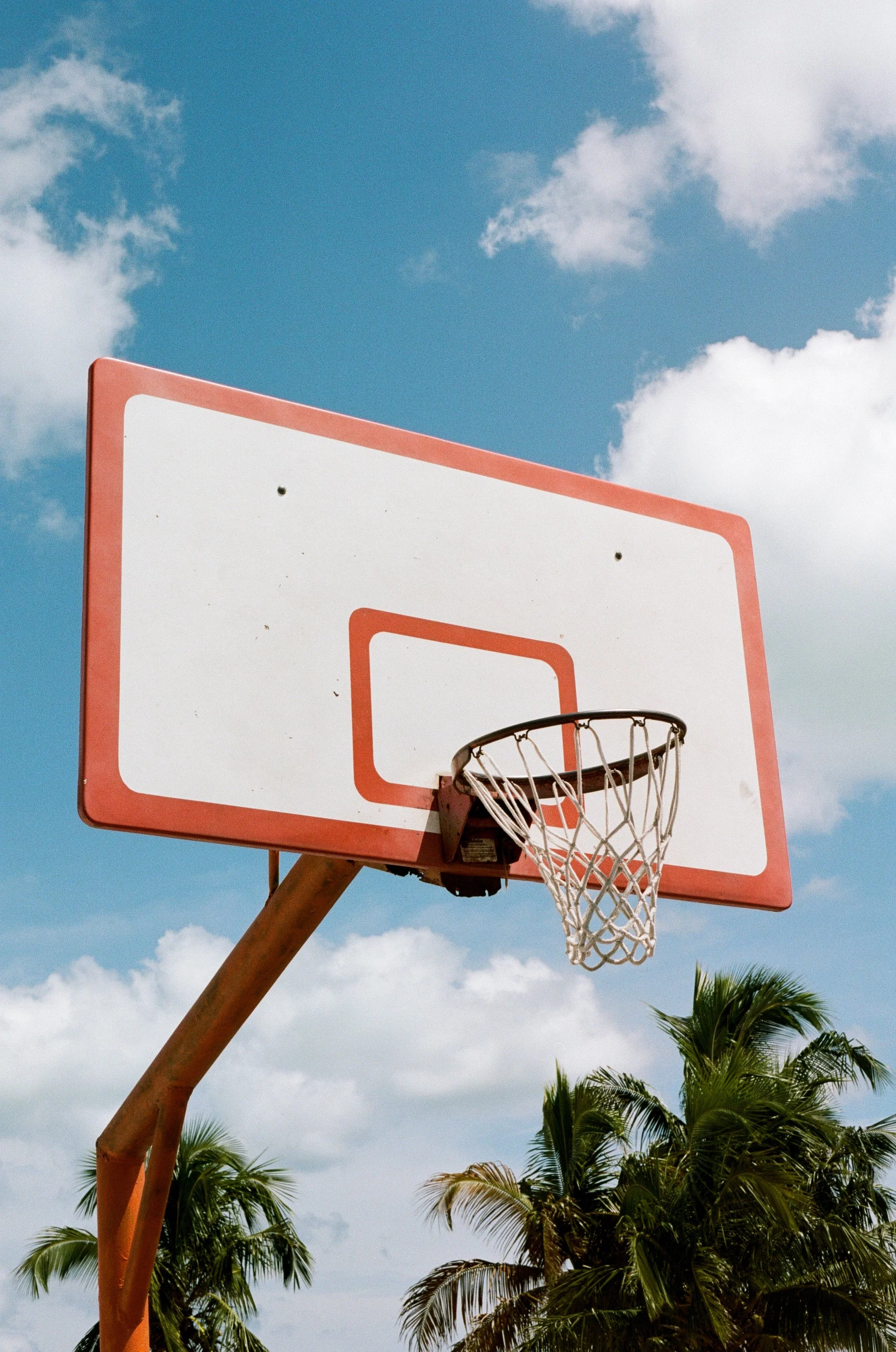 A basketball hoop and backboard outdoors against a blue sky with clouds and palm trees.