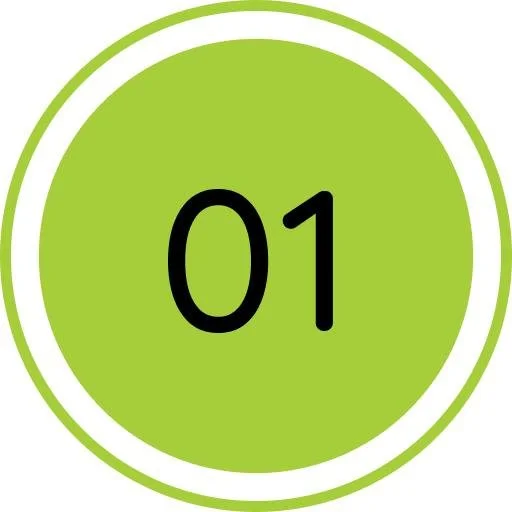 Green circular badge with the number 01 in black.