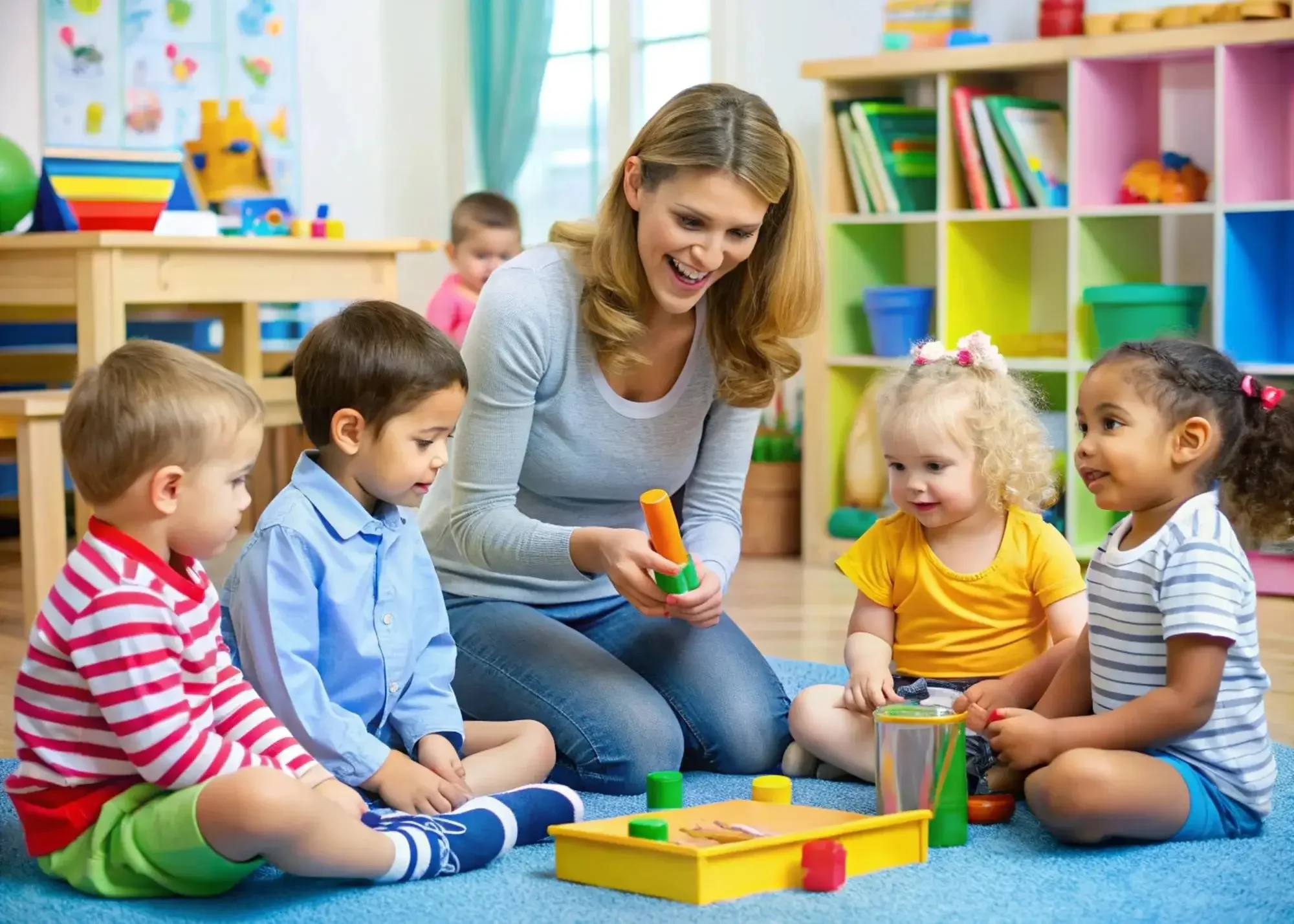 A teacher and five young children sitting on a blue carpet playing with colorful toys in a bright classroom with shelves and educational materials.