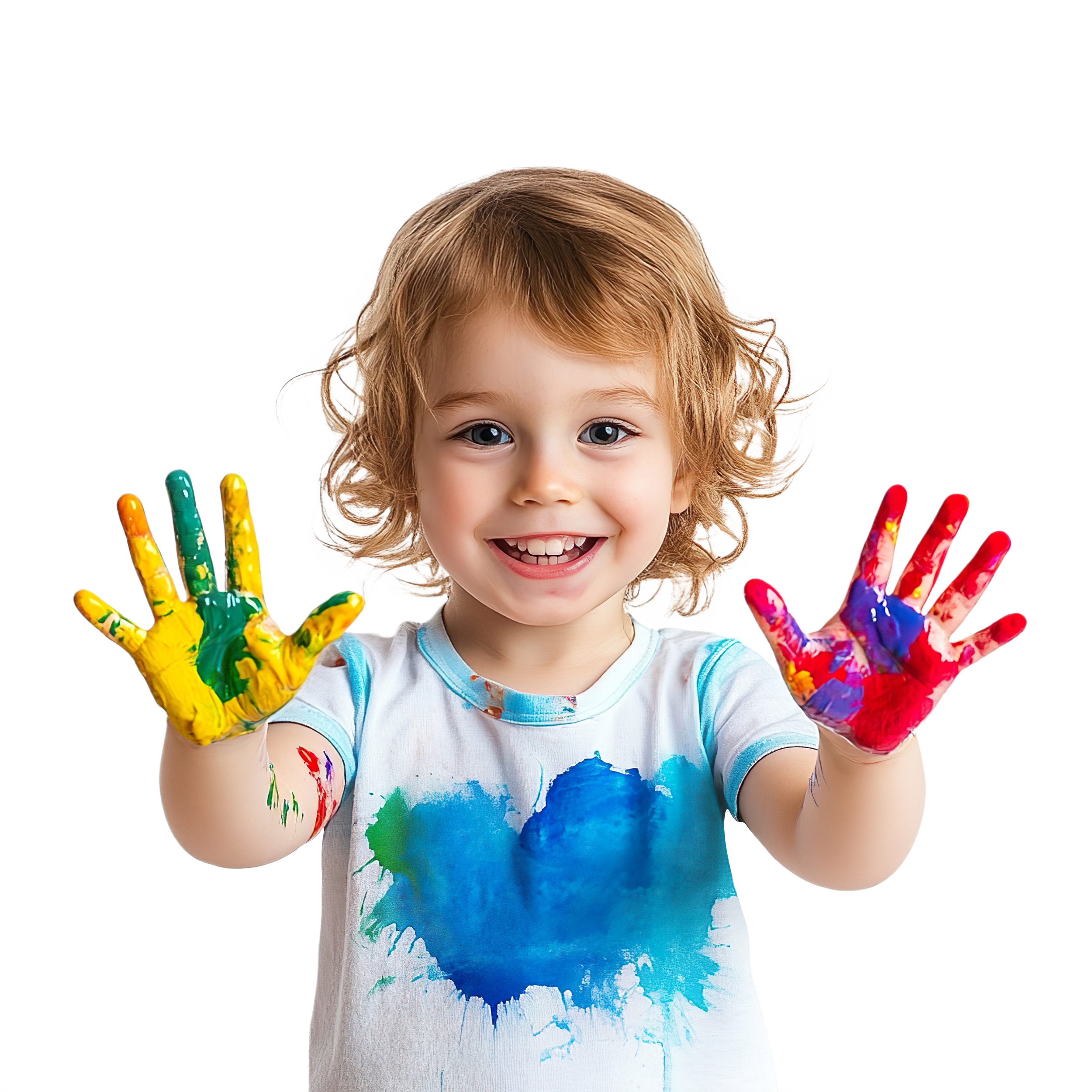 A young girl with curly blonde hair smiling and showing both hands covered in colorful paint, wearing a white t-shirt with blue and green paint splatters.
