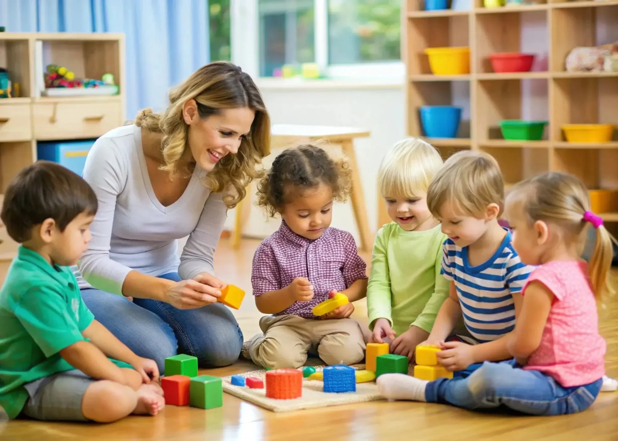 A teacher sitting on the floor with six young children playing with colorful wooden blocks in a classroom.