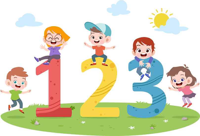 Four children playing outdoors near large colorful numbers 1, 2, 3, 4, with a sunny sky and clouds, and green grass with small flowers.