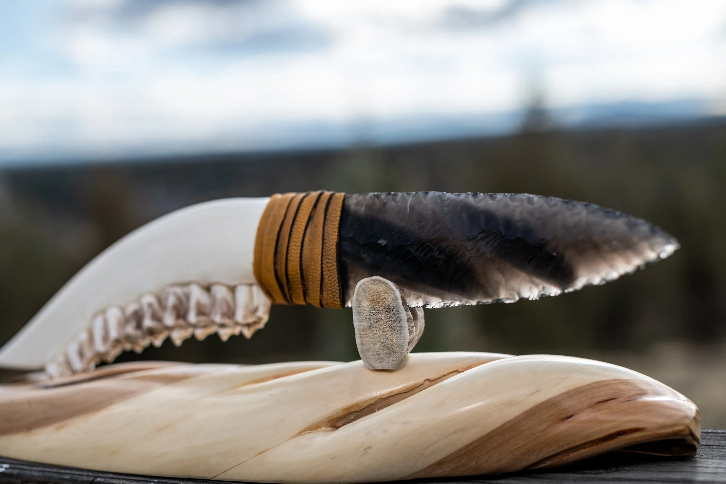 A commanding 12+ inch masterpiece featuring a polished, brilliant-white elk jawbone handle—complete with natural teeth—and a flawless volcanic obsidian blade. Bound in buckskin, each unique knife radiates the strength and grace of the wild elk it hon