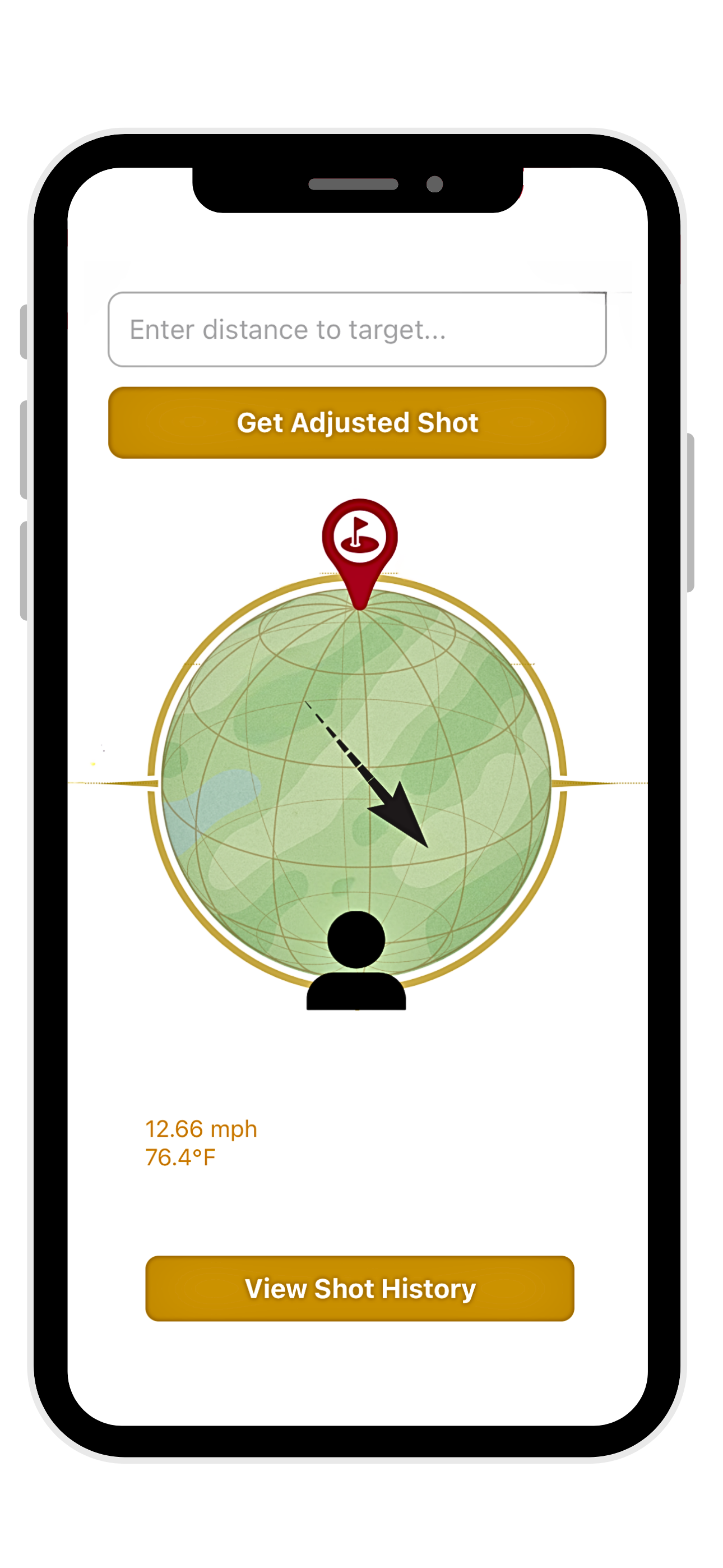Smartphone screen displaying a shooting range app with a globe map showing a target marked with a red pin, a silhouette of a person, and stats of 12.66 mph velocity and 76.4°F temperature.