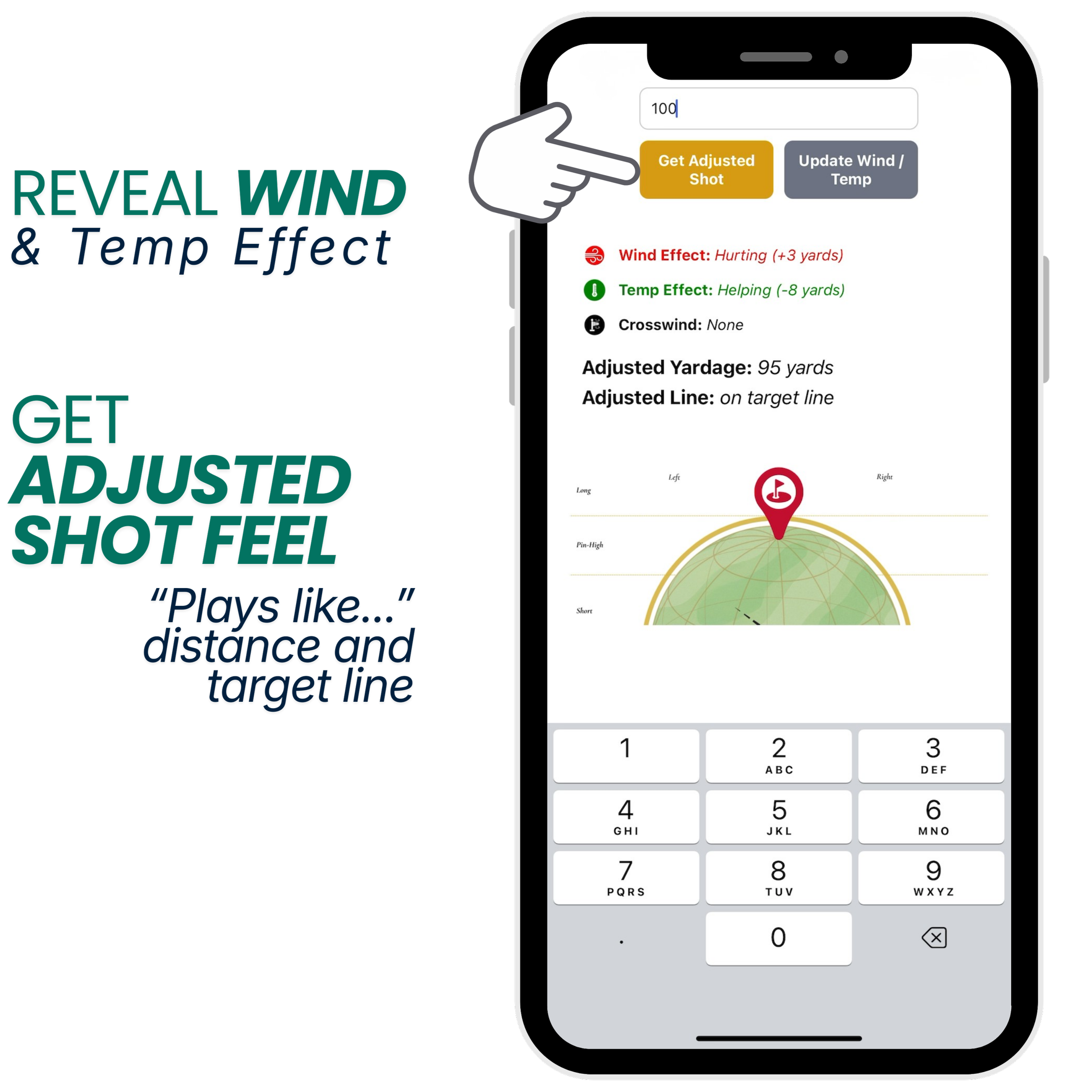Smartphone screen displaying golf shot adjustment app with options to get adjusted shot feeling based on wind and temperature effects, showing metrics like adjusted yardage and line, with a numeric keypad at the bottom.