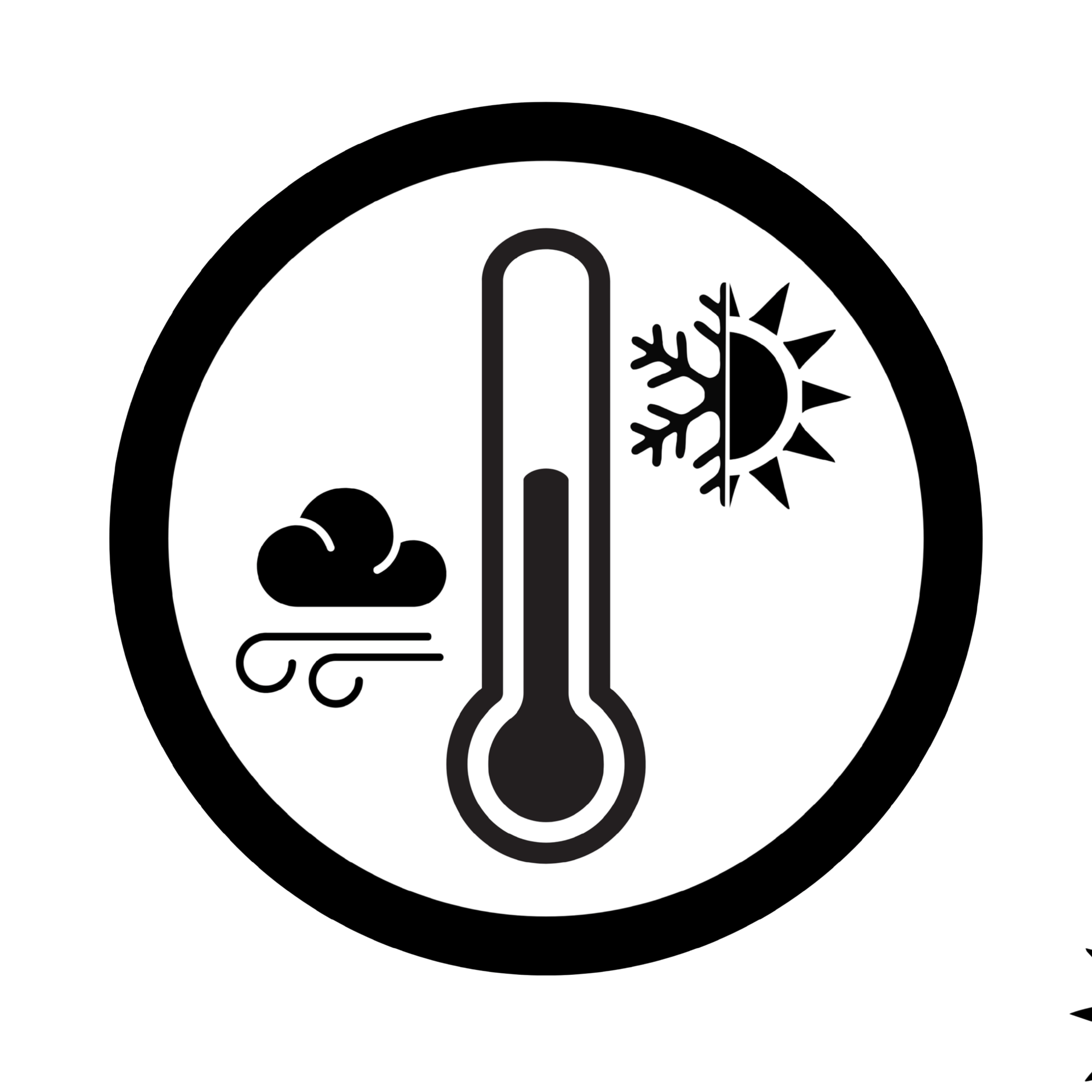Thermometer icon with wind, sun, and snow symbols representing temperature and weather conditions.