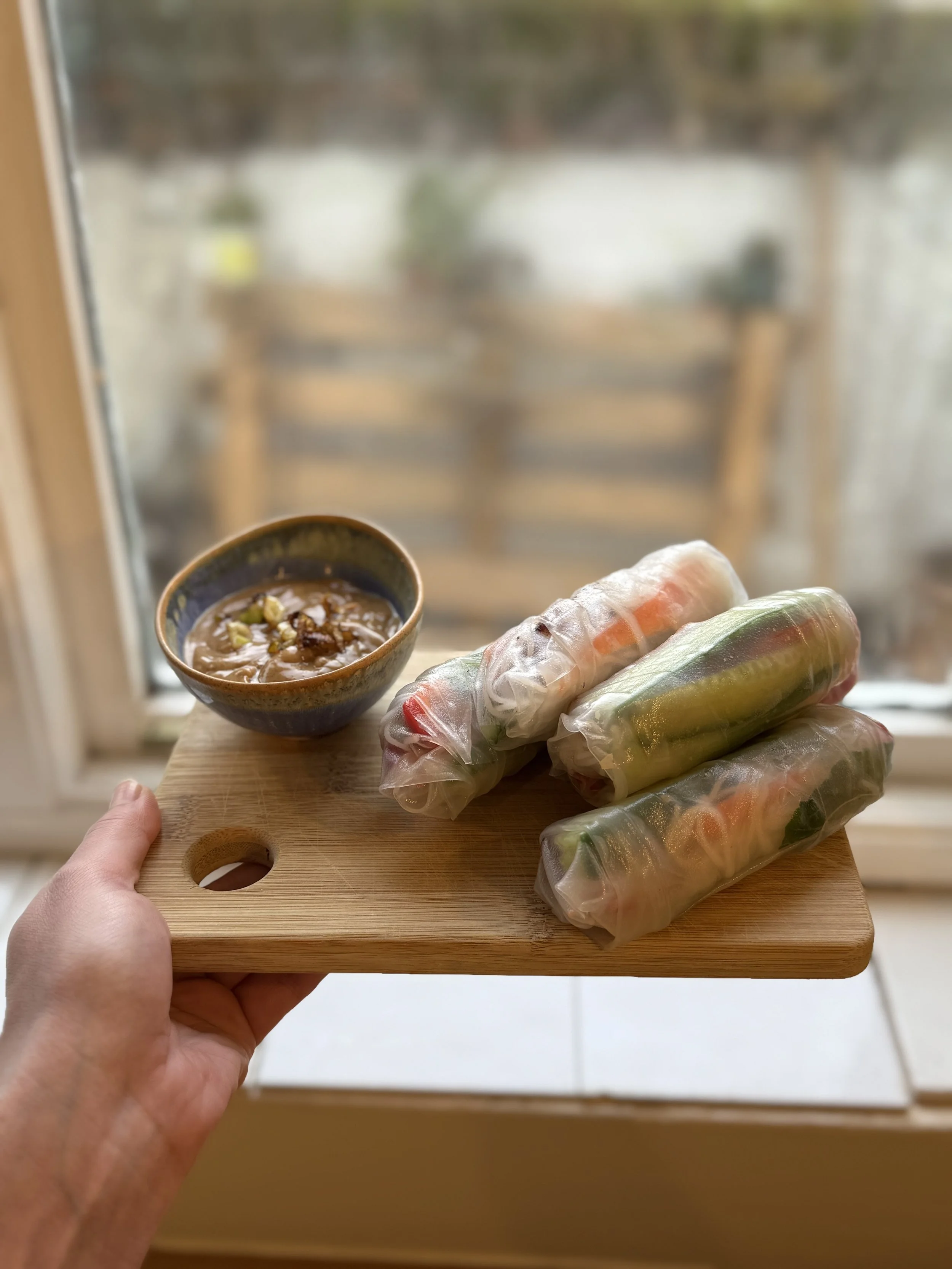 Vietnamese Summer Rolls with a Creamy Peanut Hoisin Sauce.