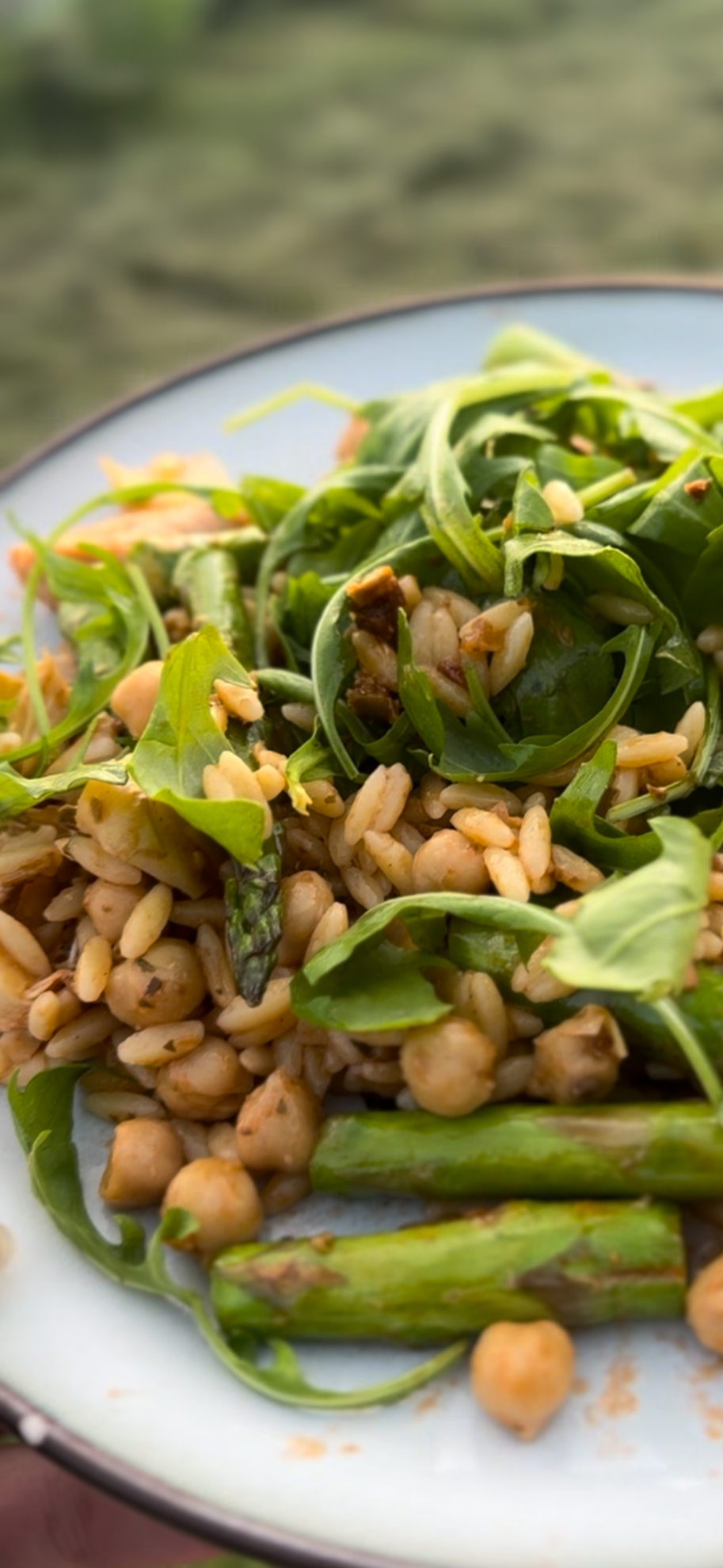 Mediterranean Orzo &amp; Asparagus Salad with Crispy Seitan