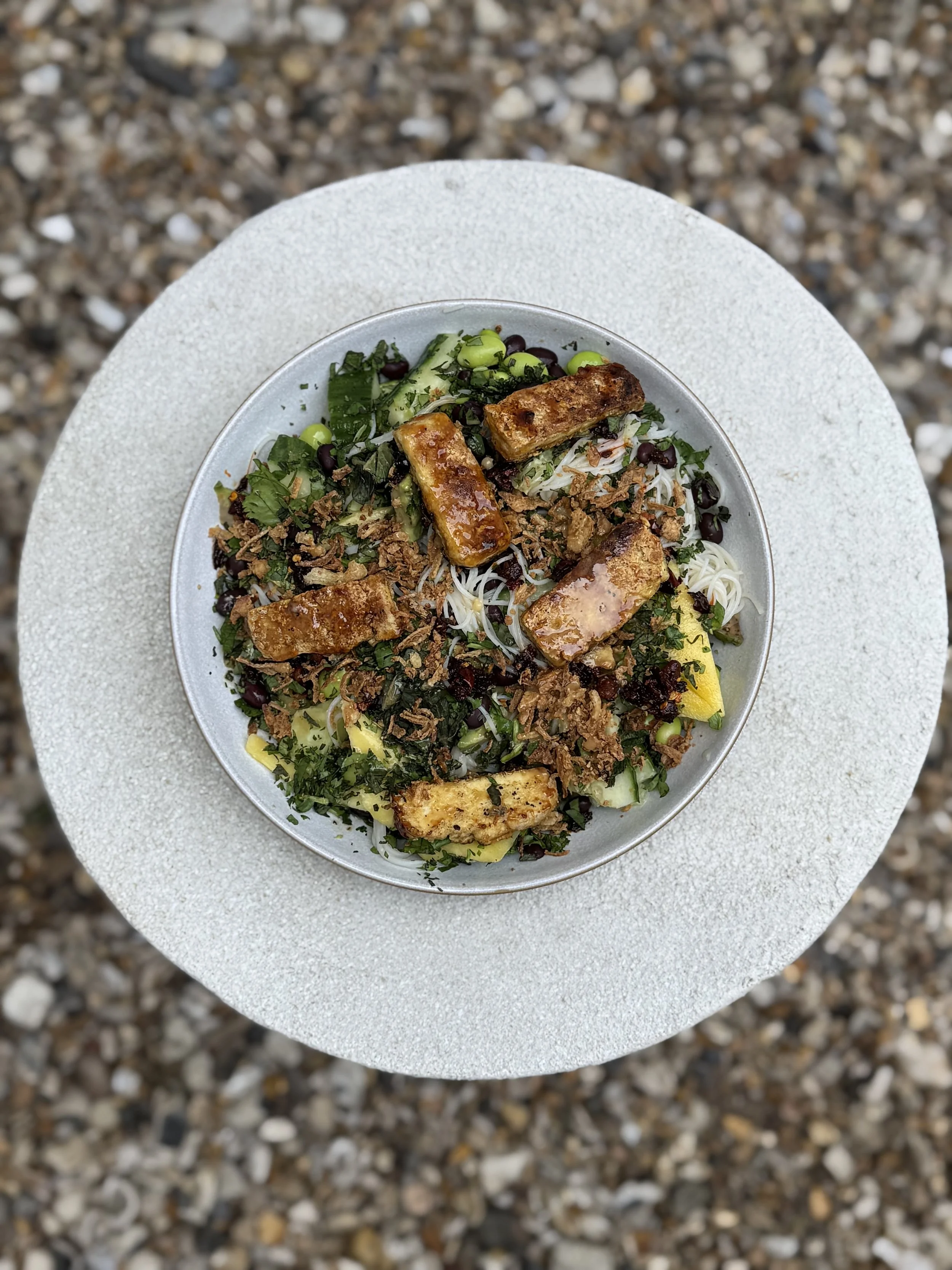 Sticky Teriyaki Tofu Noodle Salad with Mango, Black Beans &amp; Chilli Oil