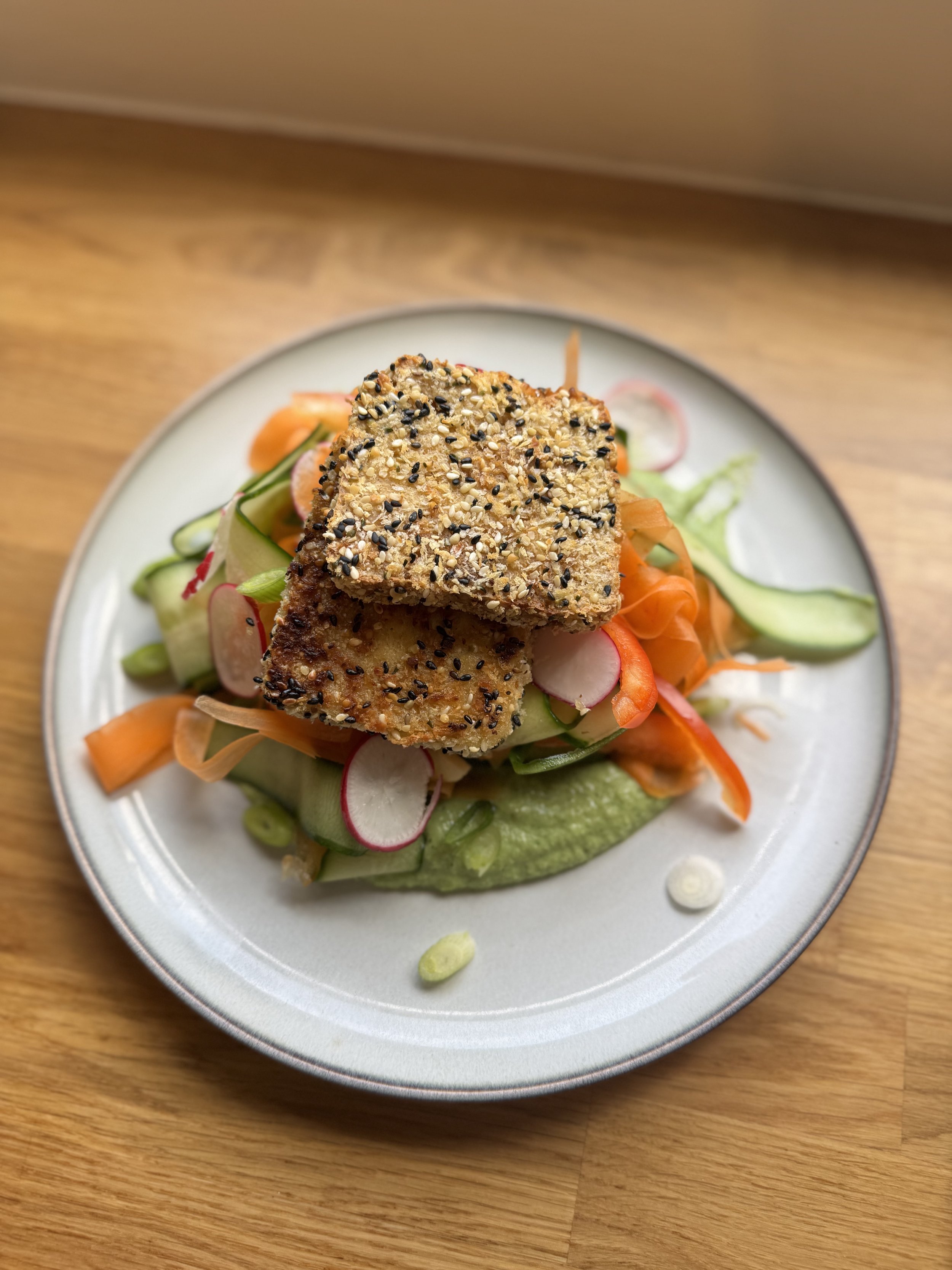 Hemp Seed Crusted Tofu Steaks with Miso Veggies &amp; Edamame Mint Purée
