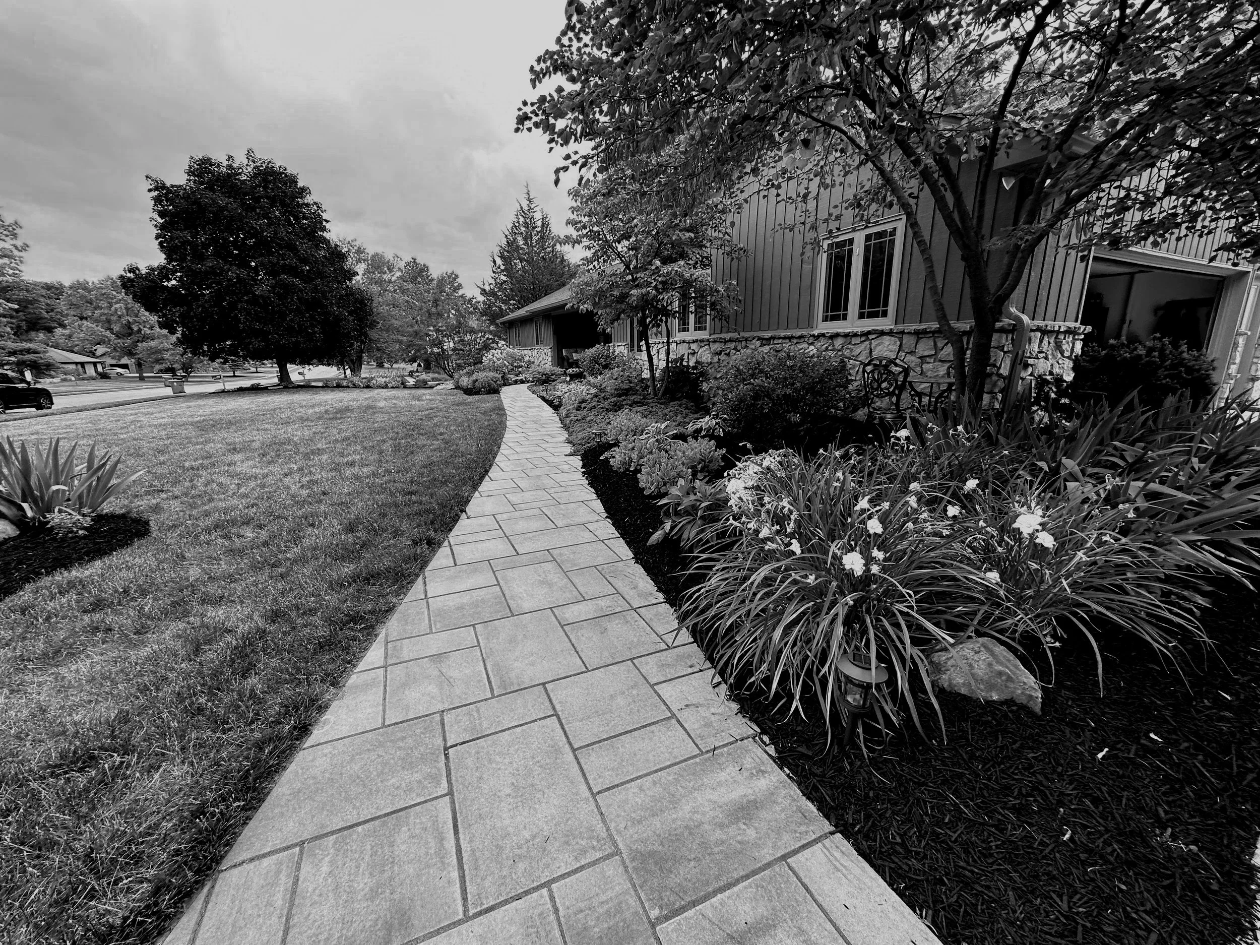 A black and white photo of a sidewalk in front of a house, with grass and garden beds along the sides. There are trees and a cloudy sky in the background.