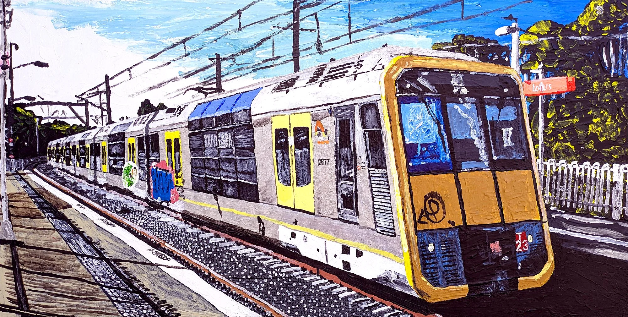 Emerging Artist Award winner: Christopher Hummel: Sydney Trains Tangara T set (T23) with Graffiti at Loftus, 2025, acrylic.