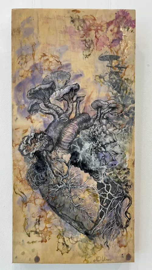 Melissa De Winter, Fungi, 2024, Encaustic and ink on upcycled packing pallet, 70 x 34cm.