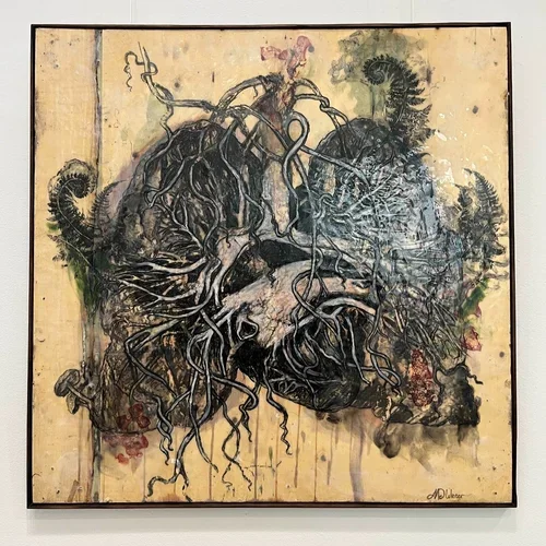 Melissa De Winter, Breathe, 2025, Encaustic and ink on upcycled packing pallet, 72 x 72cm.