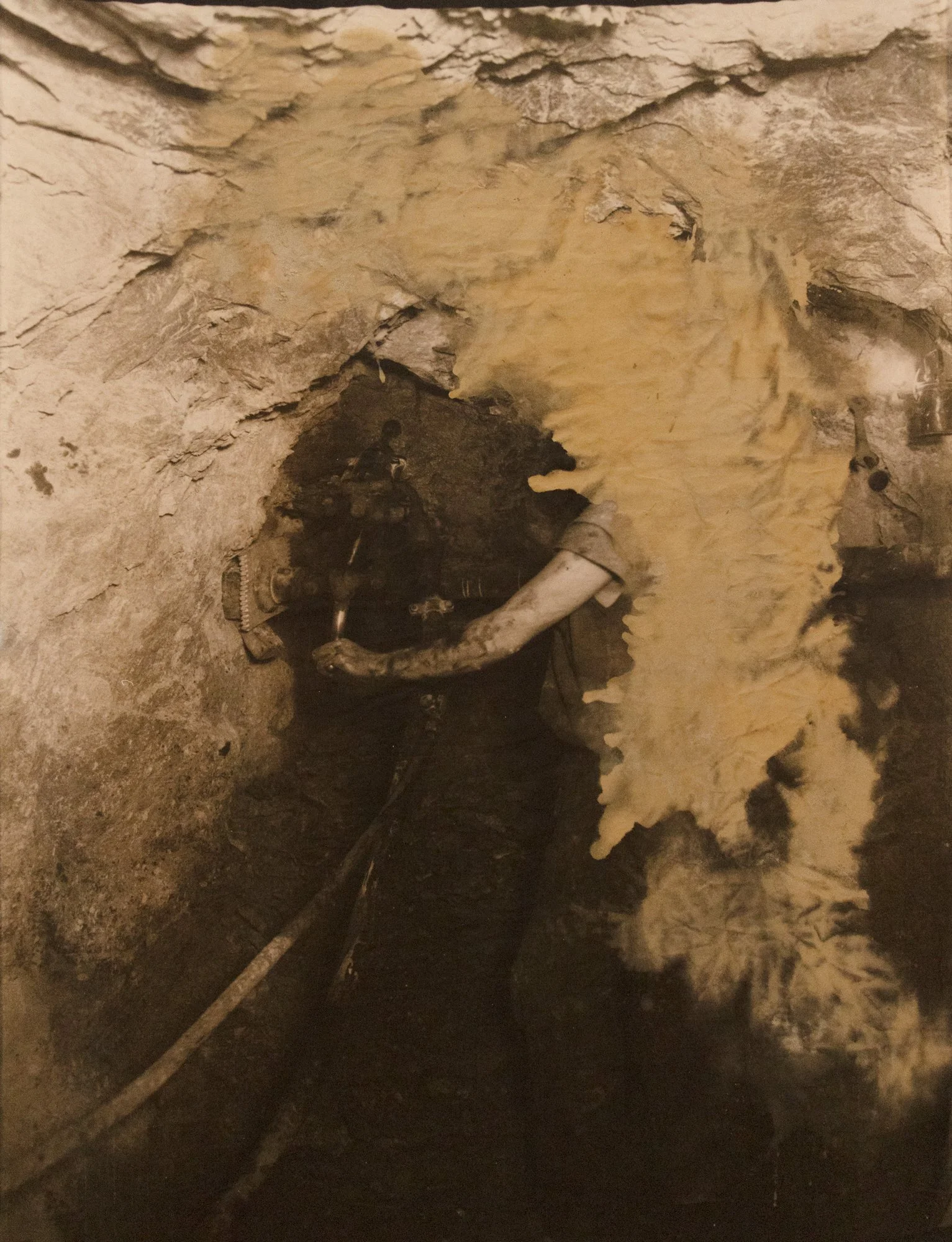 Perdita Phillips, Lakeview (dust), 2024, digital print (negative from Dwyer and Mackay collection) with slime dump mud on organic cotton canvas, 187 x 140 cm