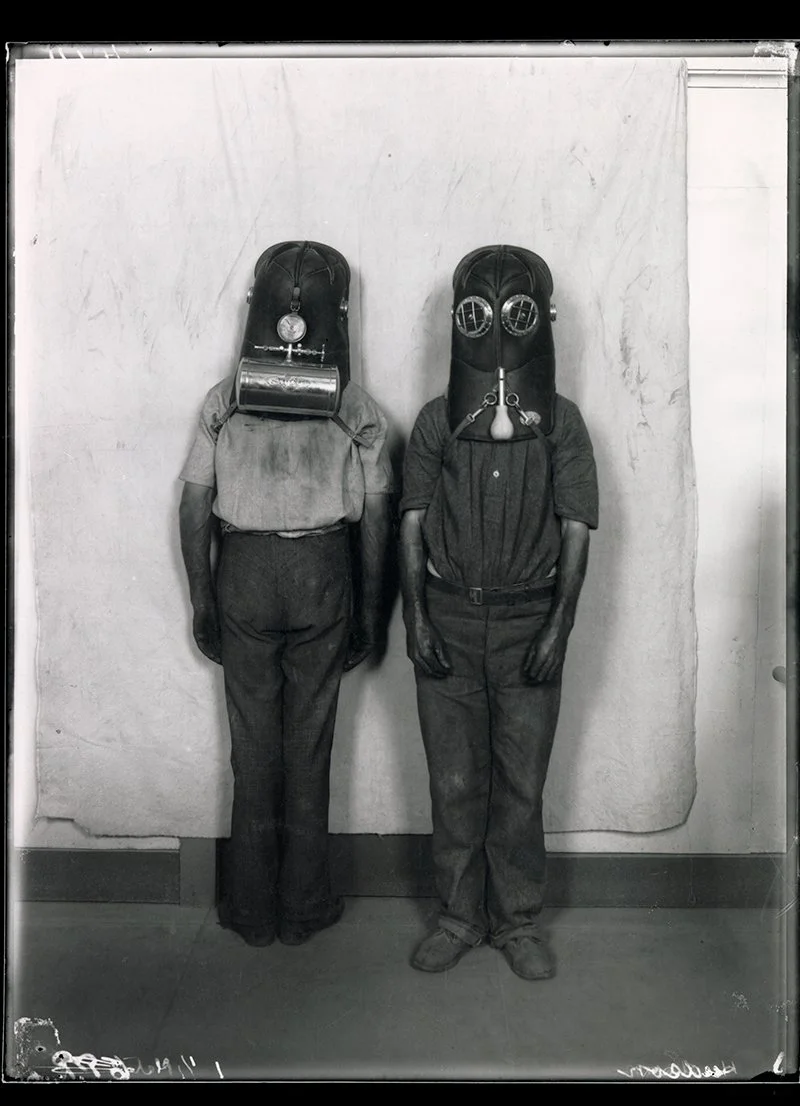 Perdita Phillips, Breathing Apparatus, 2024, digital print (negative from Dwyer and Mackay collection) on organic canvas, 187 x 140 cm.