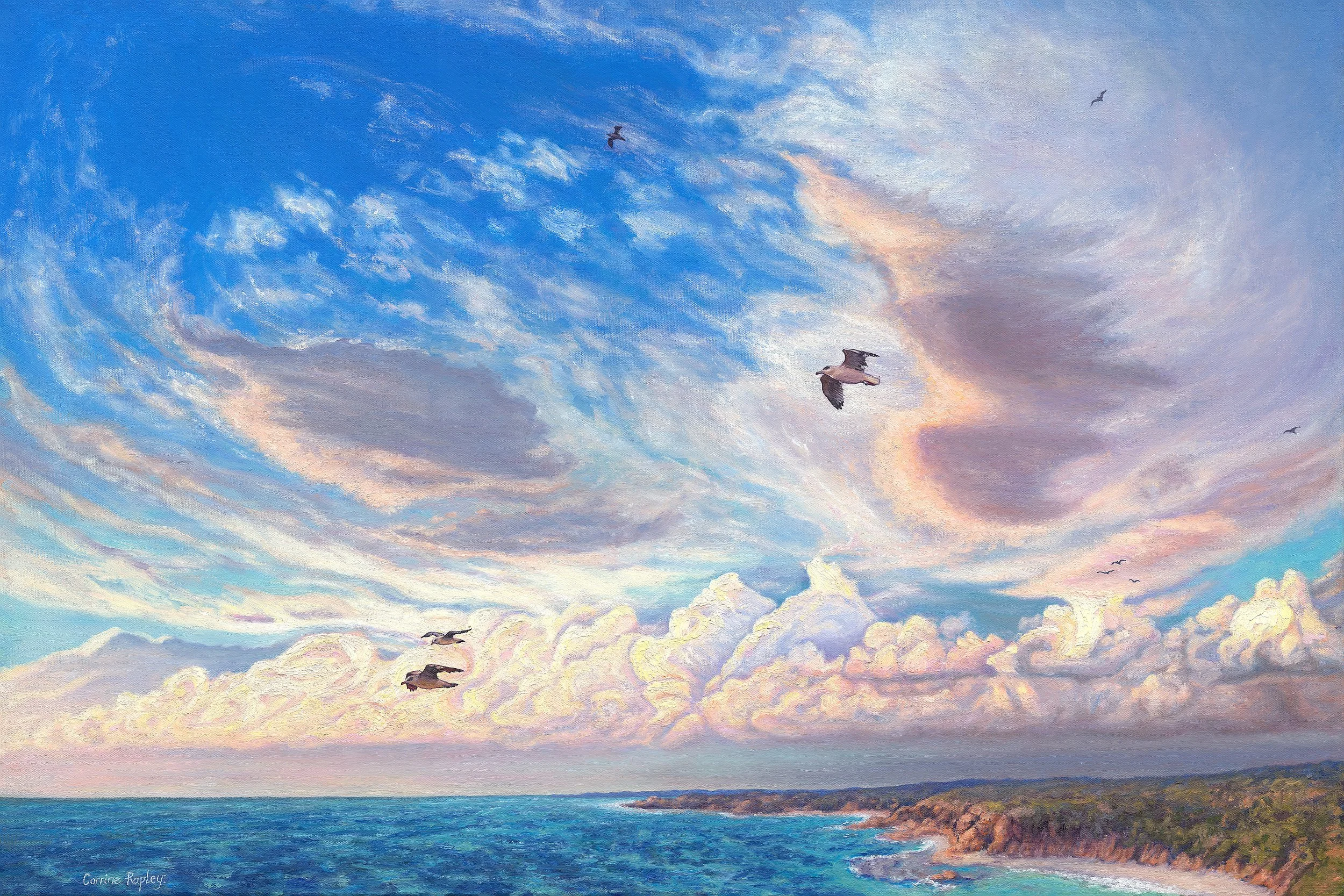 Corrine Rapley, Seabirds flying home, 2025, oil on canvas, 152 x 91cm.
