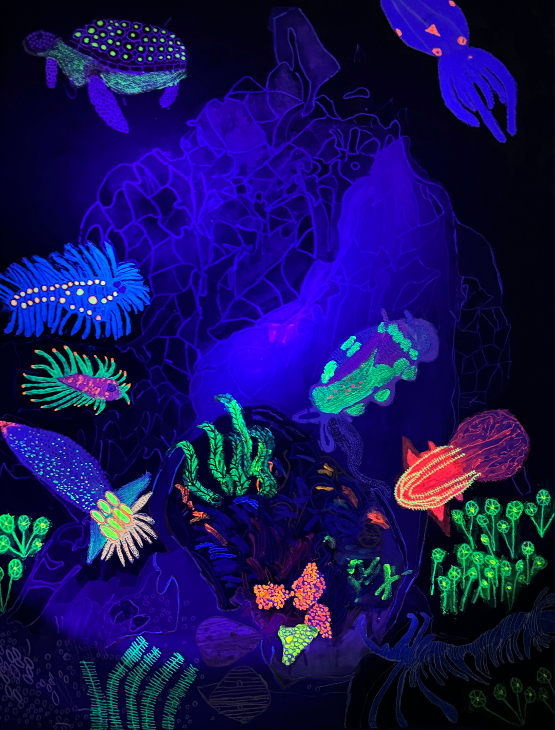 Tim Maley, Amazing Bioluminescent
Fish, 2025, Acrylic, Ink and Paint Pen on
Canvas.