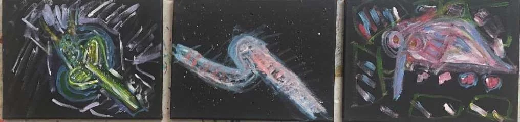 Cliff Kacowicz, Under the Sea Scary Fairy, Galaxy Fairy, Knowsy Fish - Triptych, 2024, acrylic on canvas.