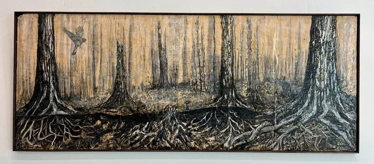 Melissa De Winter, Roots, 2025, Encaustic and ink on upcycled packing pallet, 90 x 68cm.