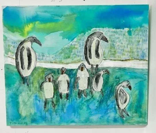 Tim Maley, Penguins on Ice, 2025, acrylic on canvas.