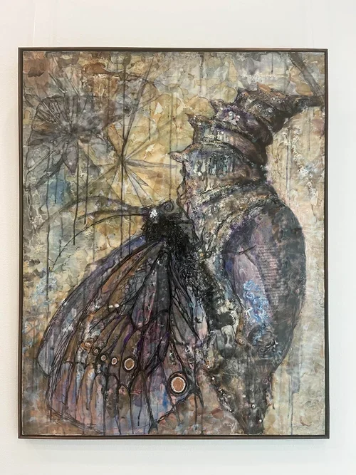 Melissa De Winter, Chrysalis, 2025, Encaustic and ink on upcycled packing pallet, 80 x 63cm.