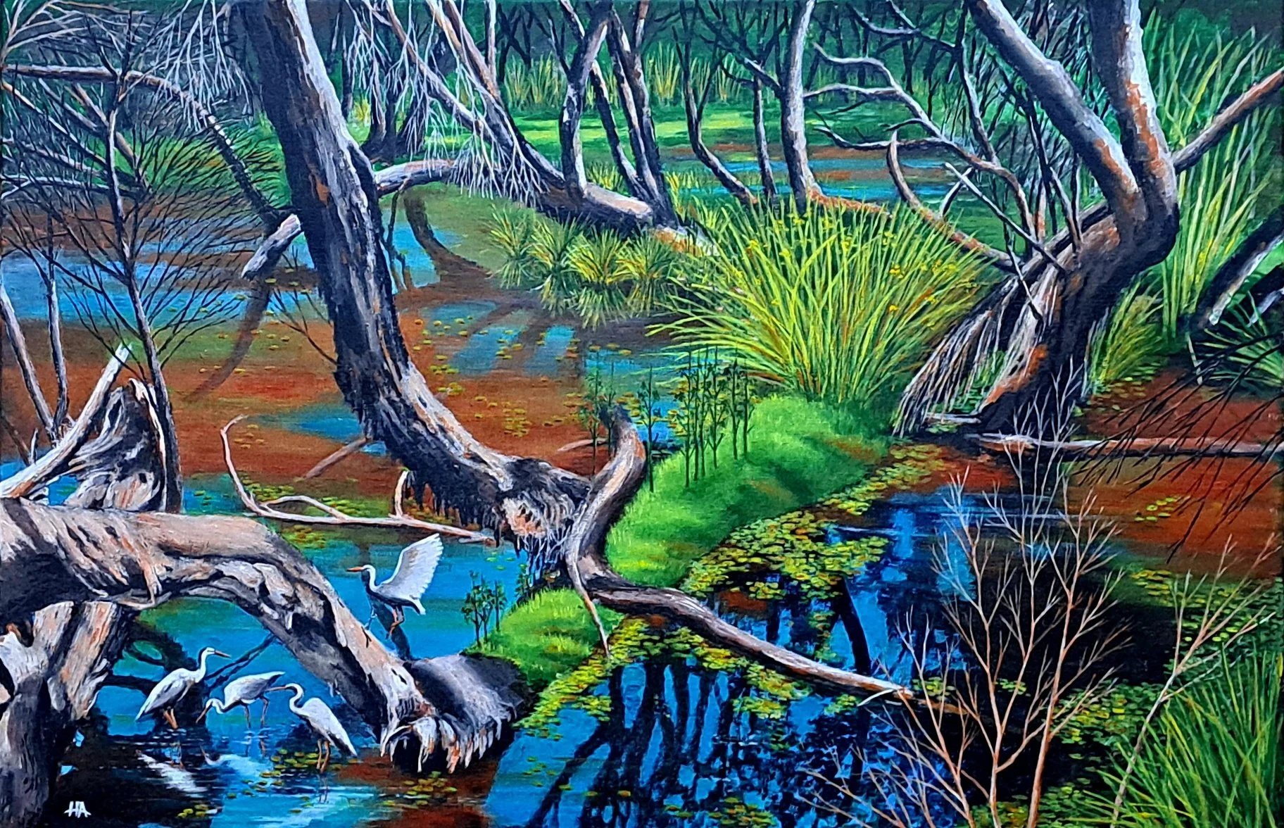 Terry Holton, Wetlands paradise, Kent street weir, 2024, acrylic.