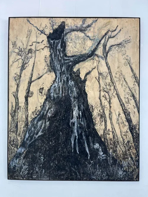 Melissa De Winter, Mother nature, 2025, Encaustic and ink on upcycled packing pallet, 126 x 100cm.