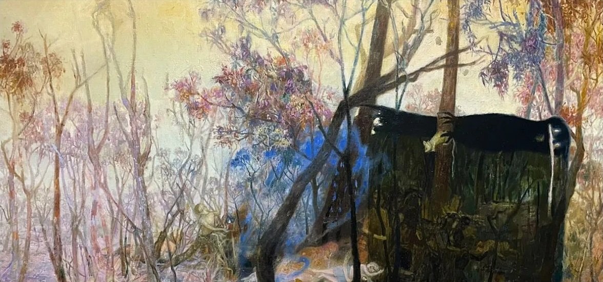 An oil painting of a mythical being in the bush. It casts a dark shadow on a group of running people.
