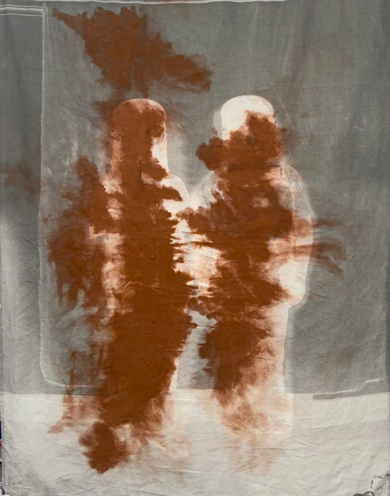 Perdita Phillips, Breathing Apparatus (dust), 2024digital print (negative from Dwyer and Mackay collection) with local soil on organic canvas, 187 x 140 cm