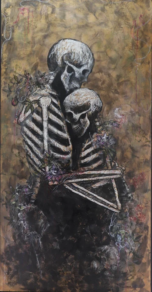 Melissa De Winter, Last Embrace, 2025, Encaustic and ink on upcycled packing pallet, 121 x 62cm.