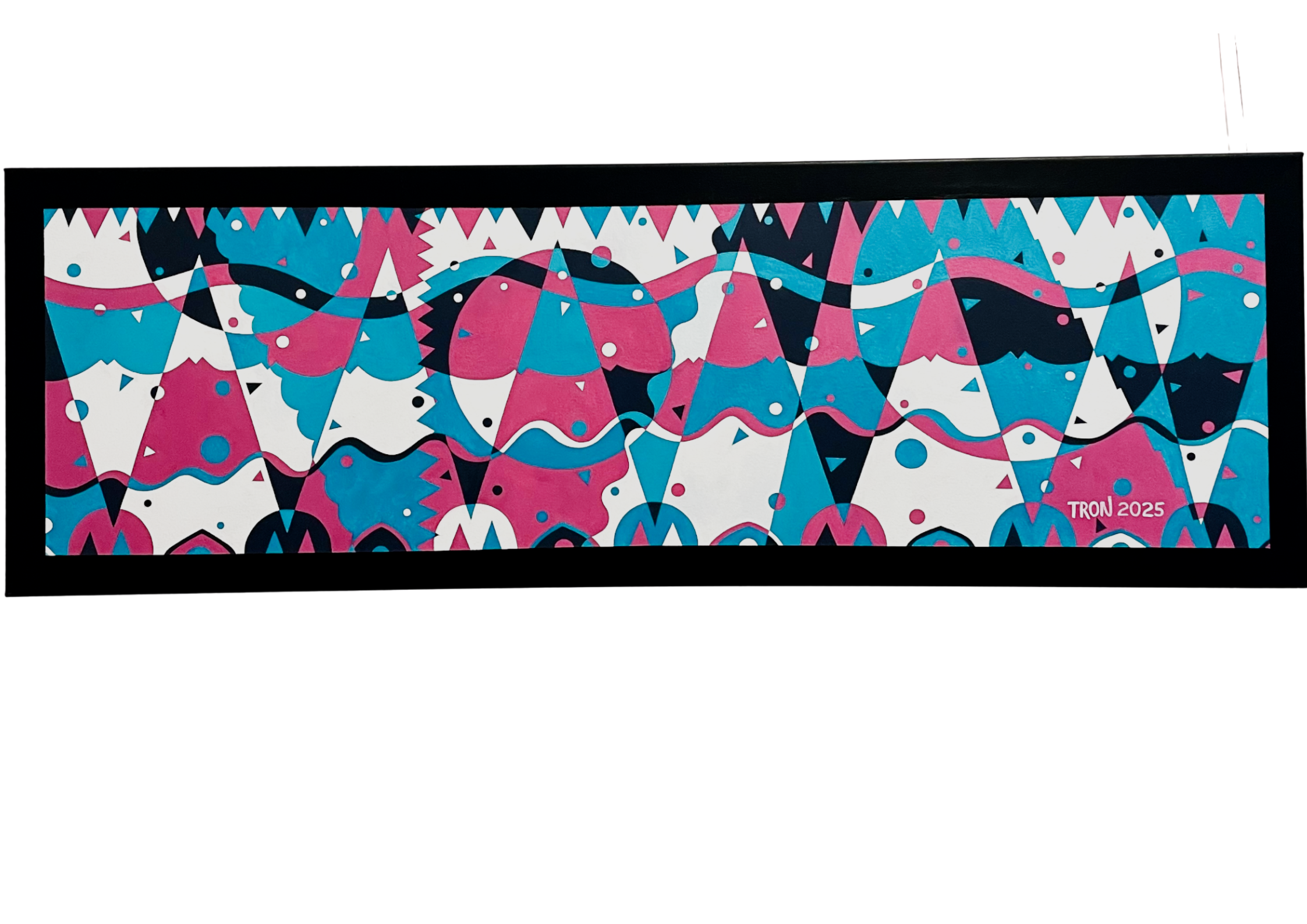 Tron Tonnessen, Pink, Blue & Black, 2025, acrylic on polyester/cotton, 46 x 137.2cm.