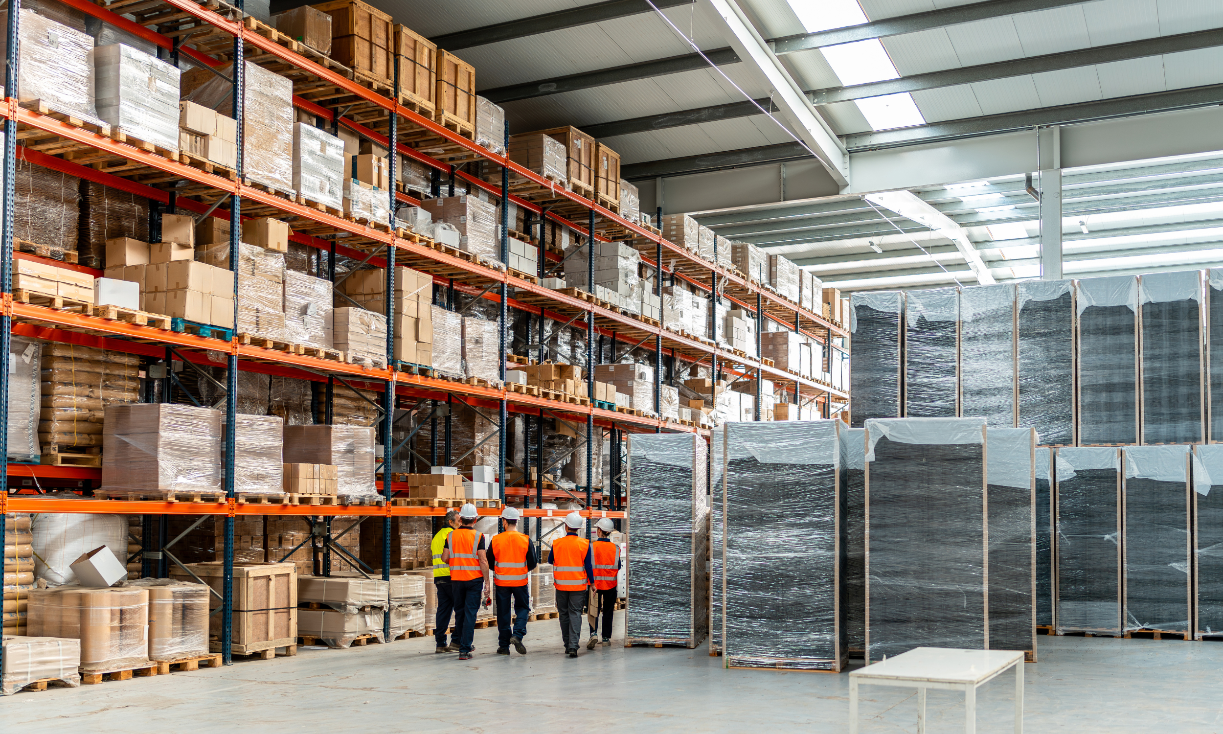 Warehouse with stacked pallets and boxes, and five workers in safety vests and helmets walking through.