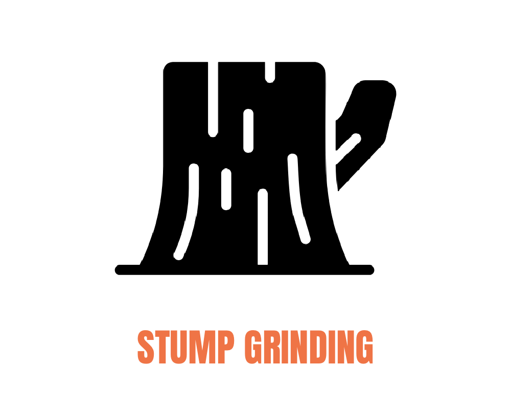 Icon of a tree stump with a hatchet embedded in it and the words 'Stump Grinding' beneath