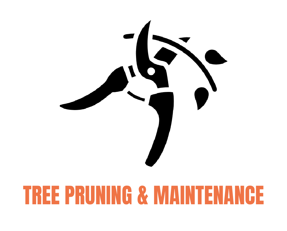 Stylized black and white illustration of a tree trimmer using a pole saw or pruning tool, with the words "Tree Pruning & Maintenance" in bold orange text below.