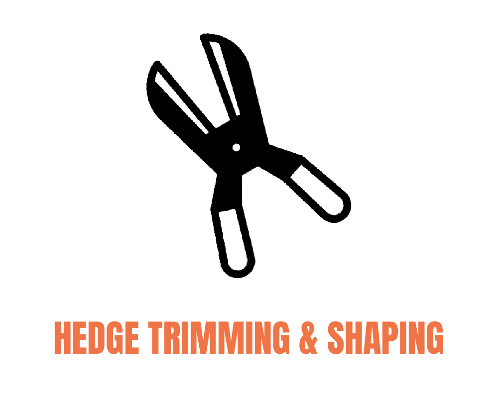 Black and white illustration of hedge shears with orange text reading 'HEDGE TRIMMING & SHAPING' underneath.