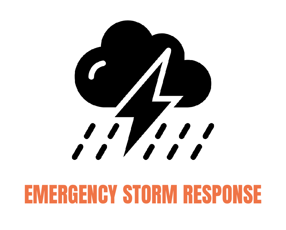 Icon of a storm cloud with lightning and rain, labeled "Emergency Storm Response" in bold orange text.
