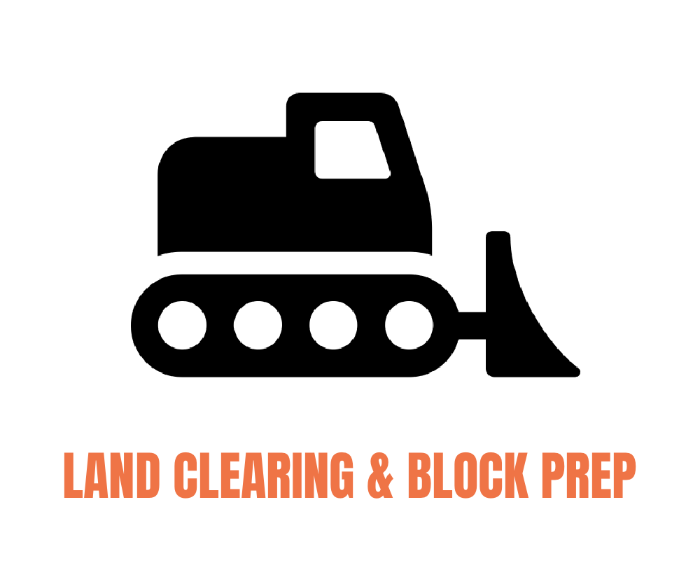 Icon of a bulldozer with the text "Land Clearing & Block Prep" underneath.